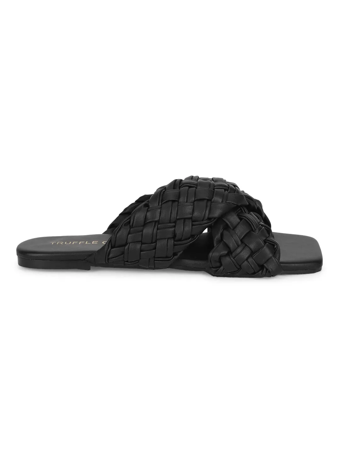 Black PU Braided Wide Strap Slip Ons (TC-ST-1217-BLK)