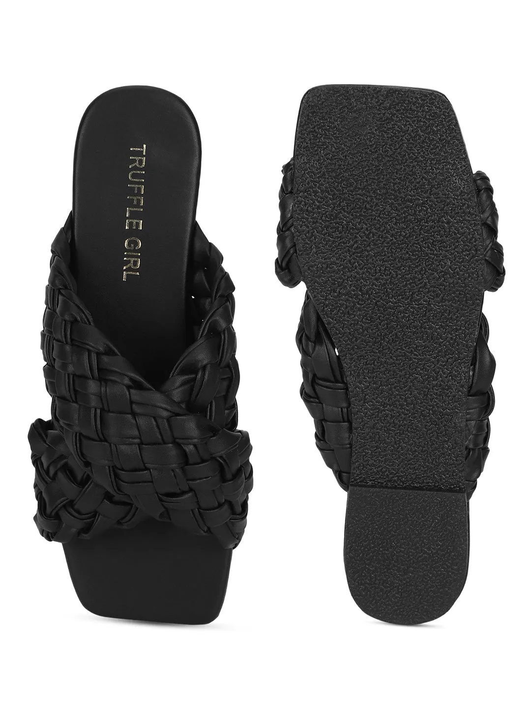 Black PU Braided Wide Strap Slip Ons (TC-ST-1217-BLK)