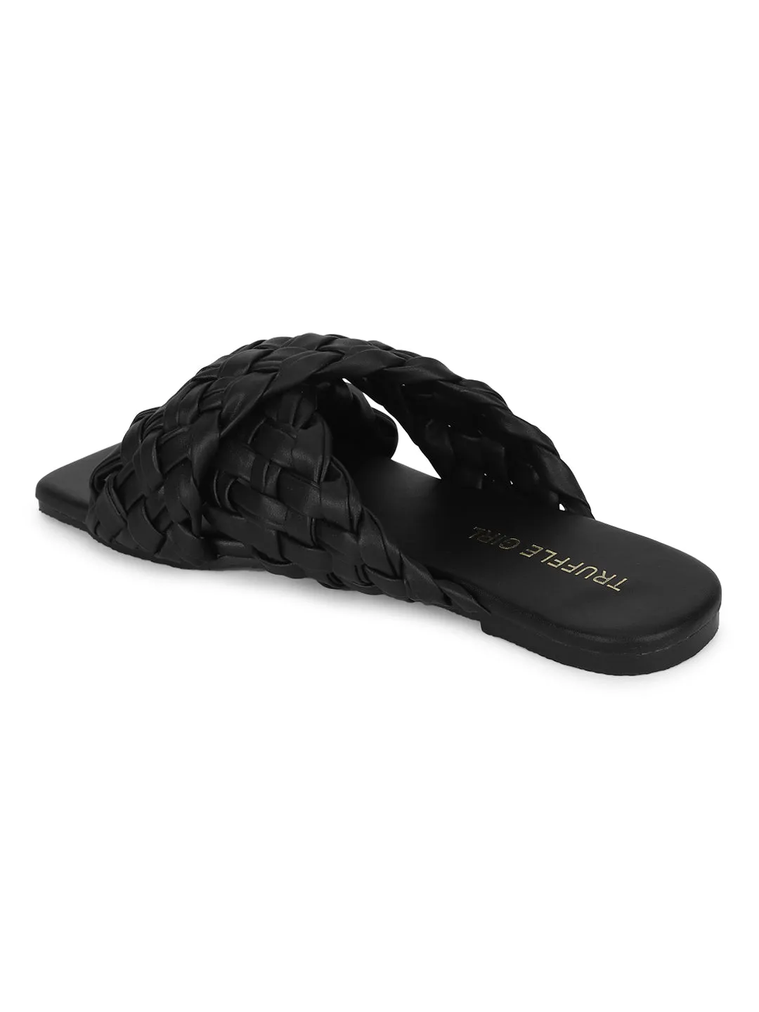 Black PU Braided Wide Strap Slip Ons (TC-ST-1217-BLK)