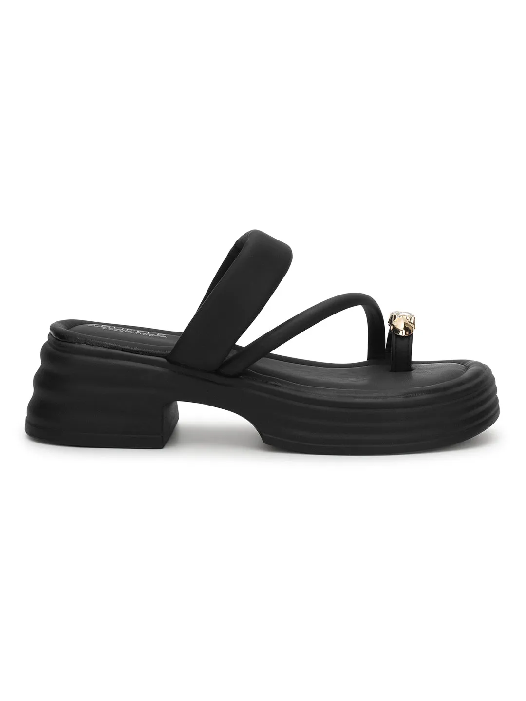 Black PU Diamond Toe Ring Slip-On Flats (TC-RS3596-BLK)