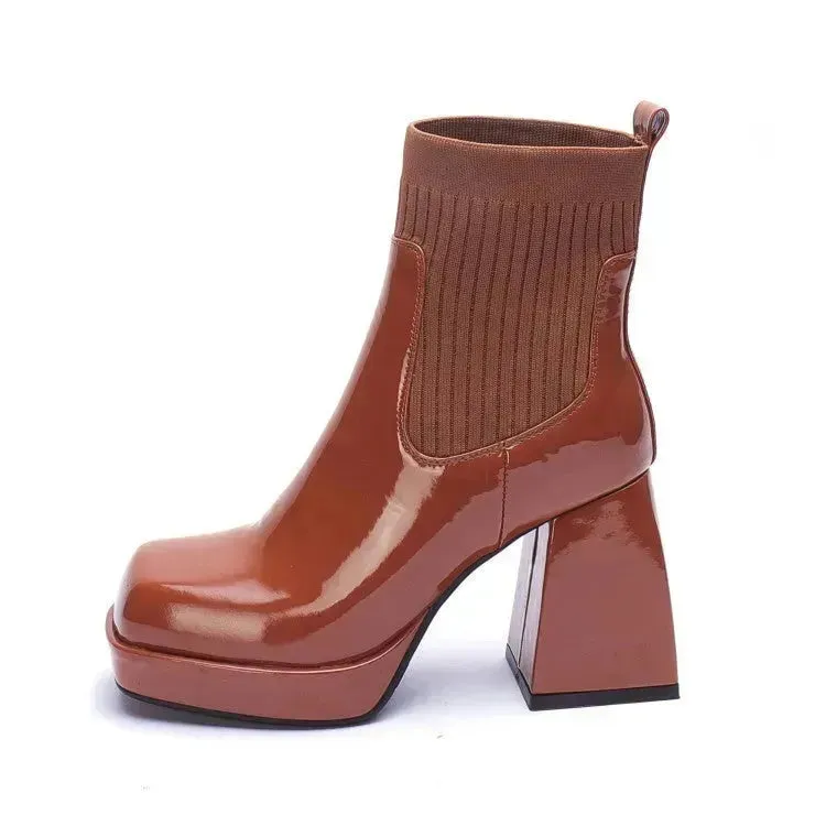 Buy Women Platform Block heel Patent leather boot Woolen winter boot