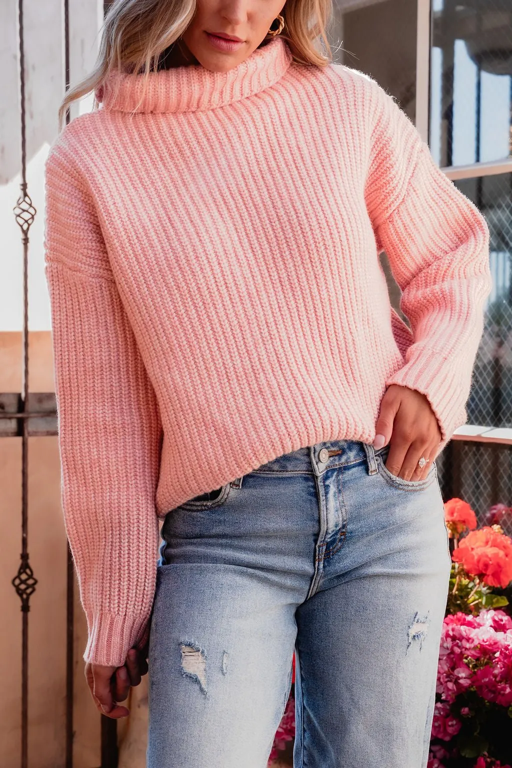 Chunky Pink Ribbed Turtleneck Sweater