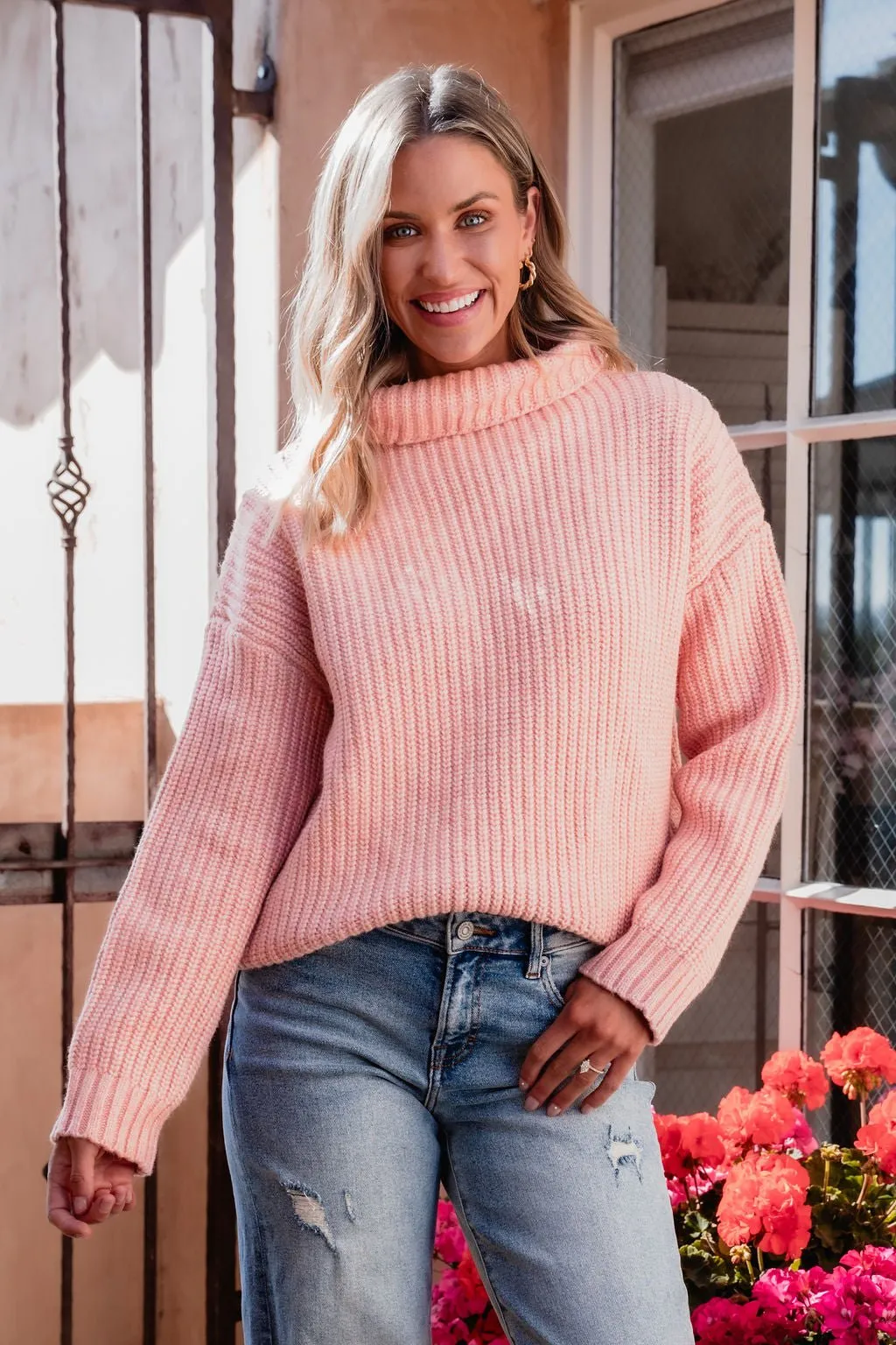 Chunky Pink Ribbed Turtleneck Sweater