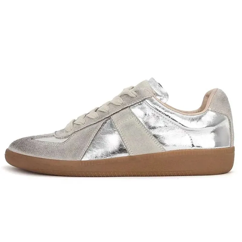 Genuine Leather Women's Casual Silver Sneakers - Lace-Up Athletic Flats