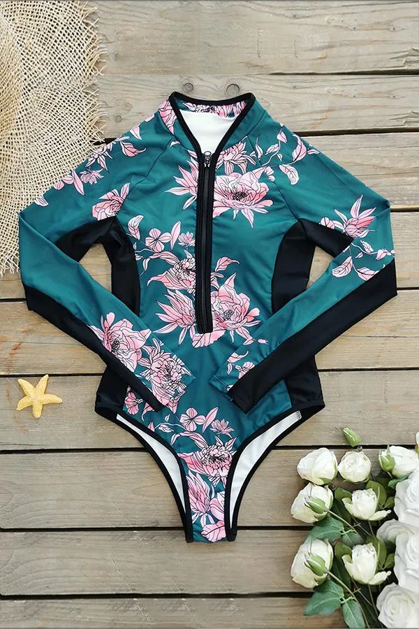 Green Floral Long Sleeve Half Zip UPF50  Rash Guard