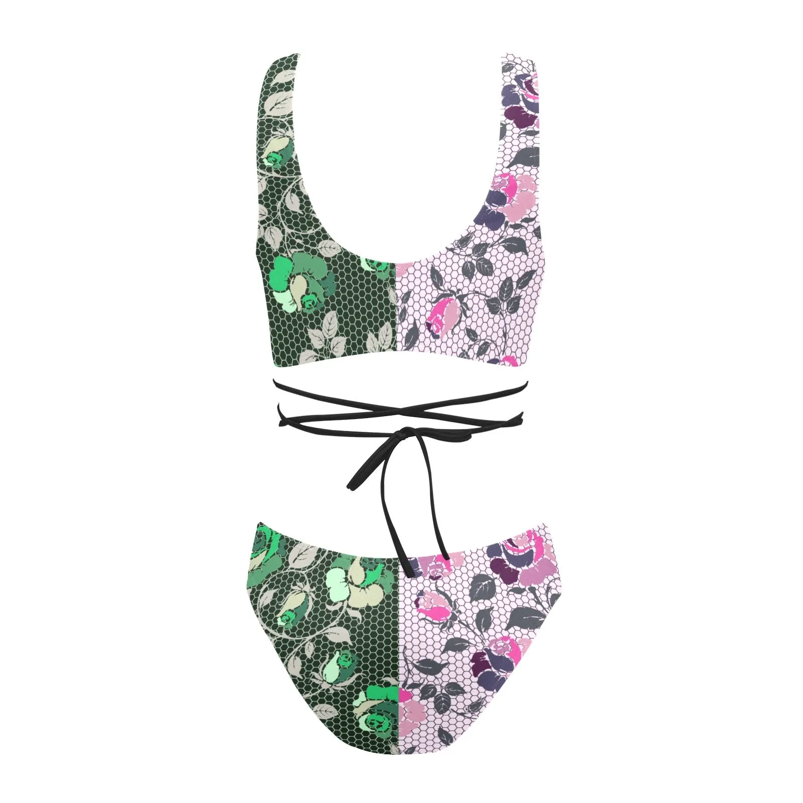 green rose print 2 Cross String Bikini Set (Model S29)