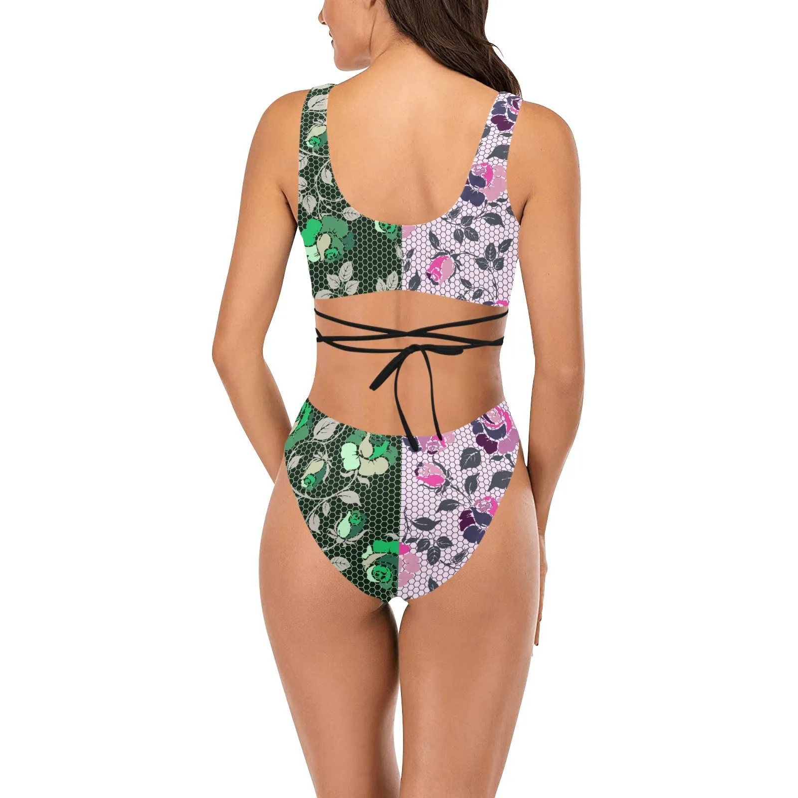 green rose print 2 Cross String Bikini Set (Model S29)