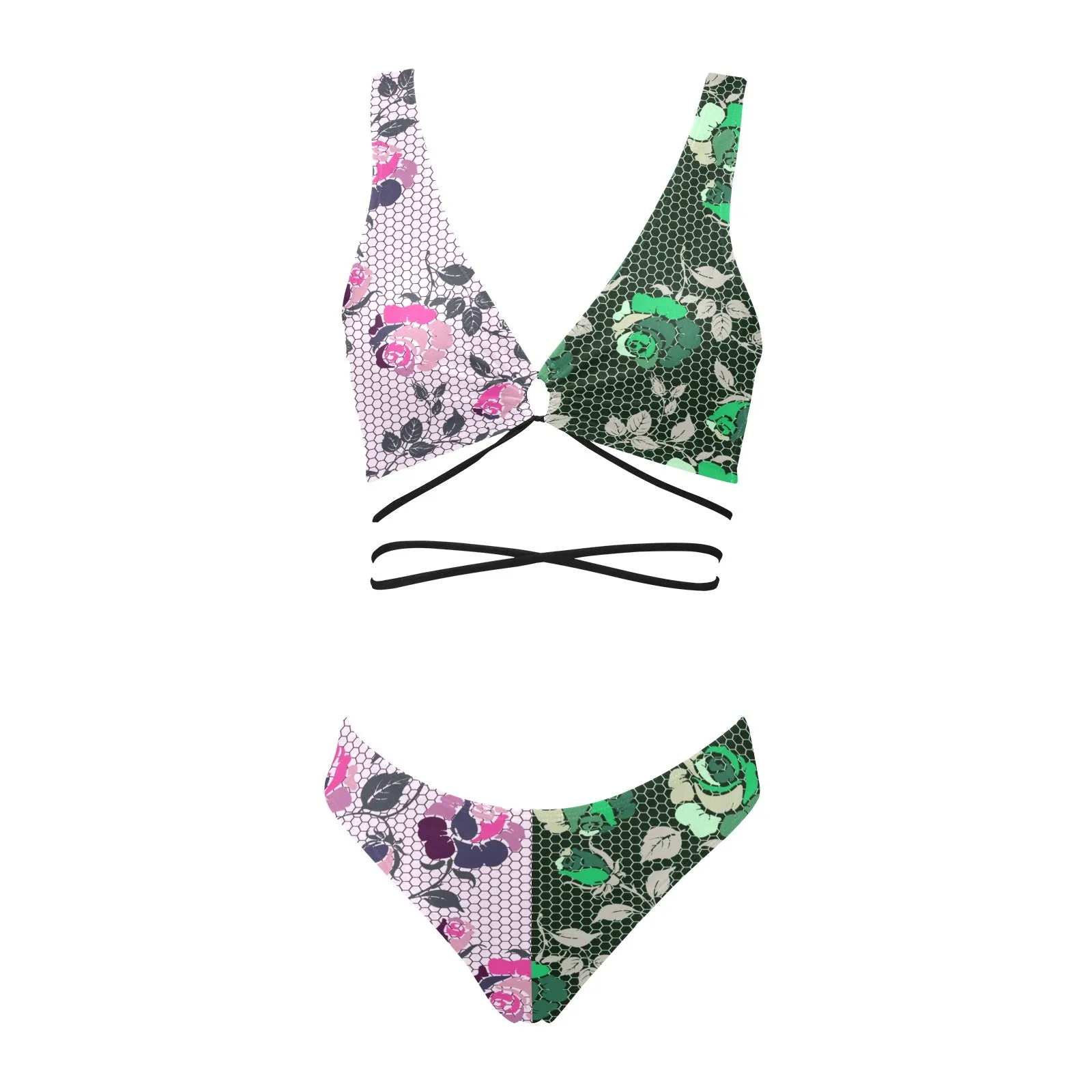 green rose print 2 Cross String Bikini Set (Model S29)