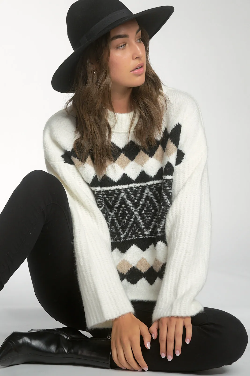 Ivory/Black Tribal Print Crew Neck Sweater