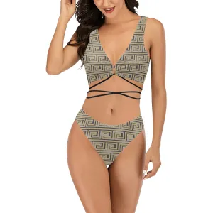 light brown greek key print 78 Cross String Bikini Set (Model S29)