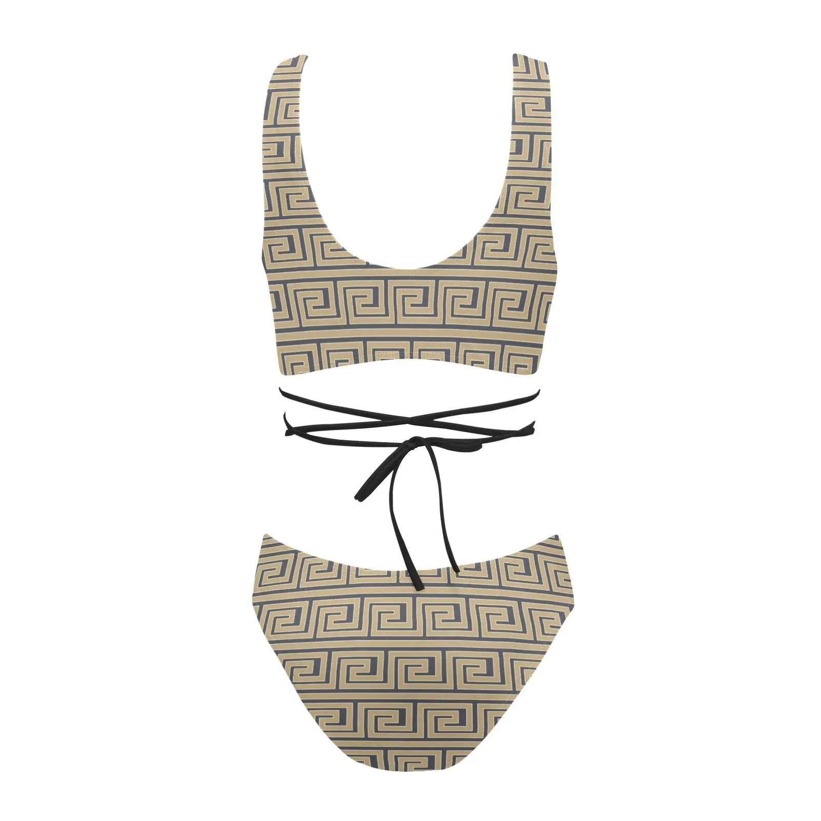 light brown greek key print 78 Cross String Bikini Set (Model S29)