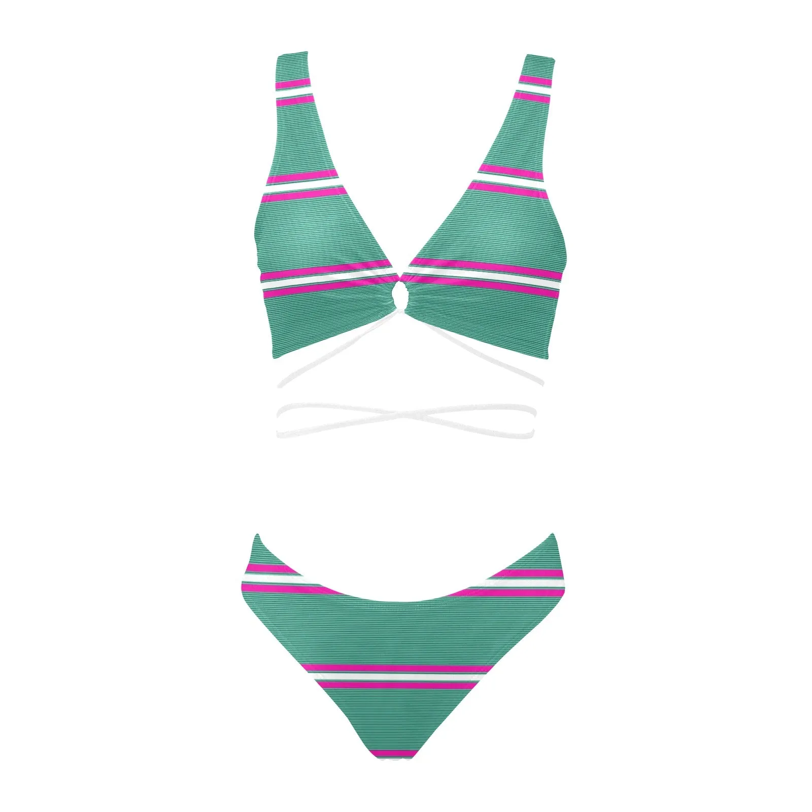 mint green micro striped print 67A Cross String Bikini Set (Model S29)