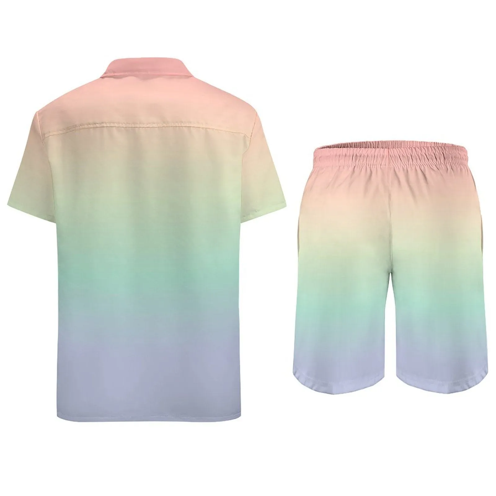 Pastel Ombre Shirt Shorts Outfit Set Men, Gradient Tie Dye Hawaiian Button Beach Suit Male Guys Summer Short Sleeve Button Up Down Wedding