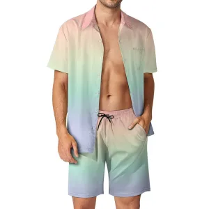 Pastel Ombre Shirt Shorts Outfit Set Men, Gradient Tie Dye Hawaiian Button Beach Suit Male Guys Summer Short Sleeve Button Up Down Wedding