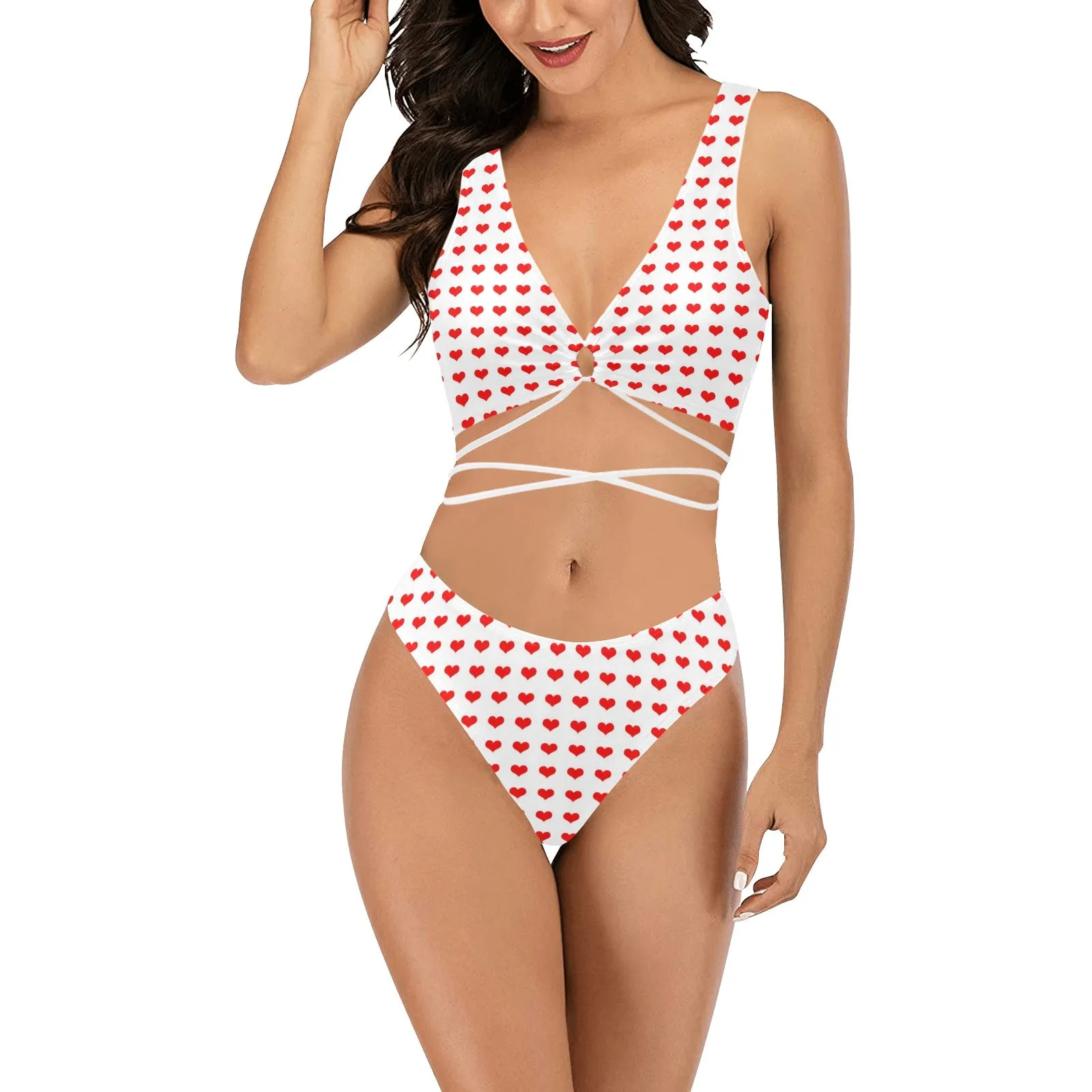 red hot heart 3 print 2 Cross String Bikini Set (Model S29)