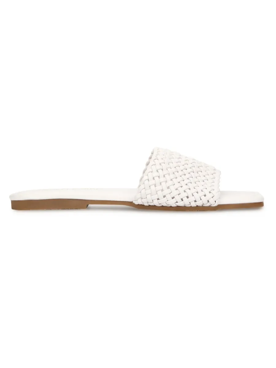 White PU Mesh Strap Slip Ons