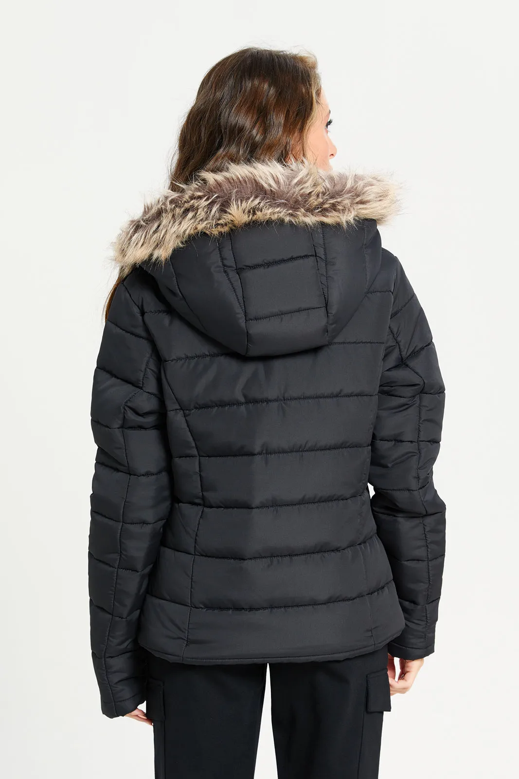 Women Black Faux Fur Hooded Jacket