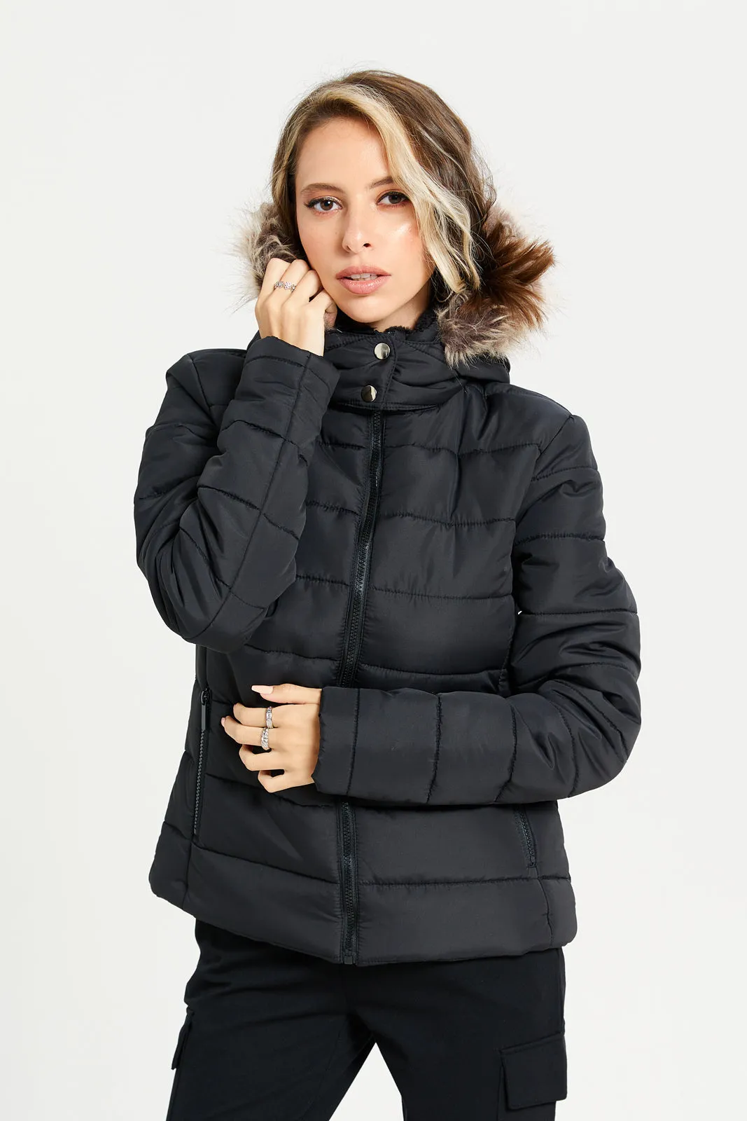 Women Black Faux Fur Hooded Jacket