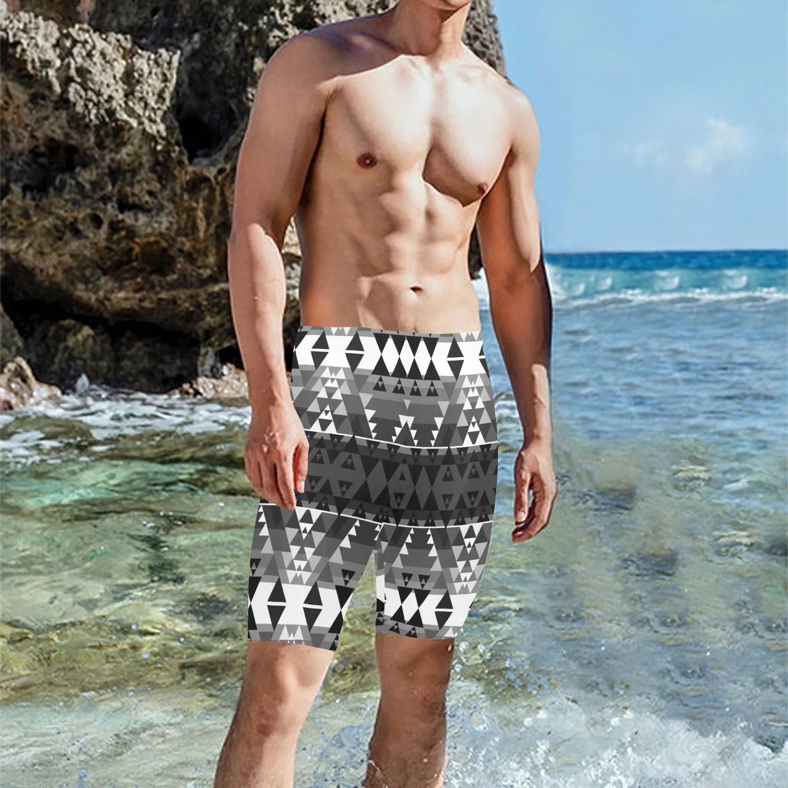 Writing on Stone Black and White Men's Knee Length Swimming Trunks