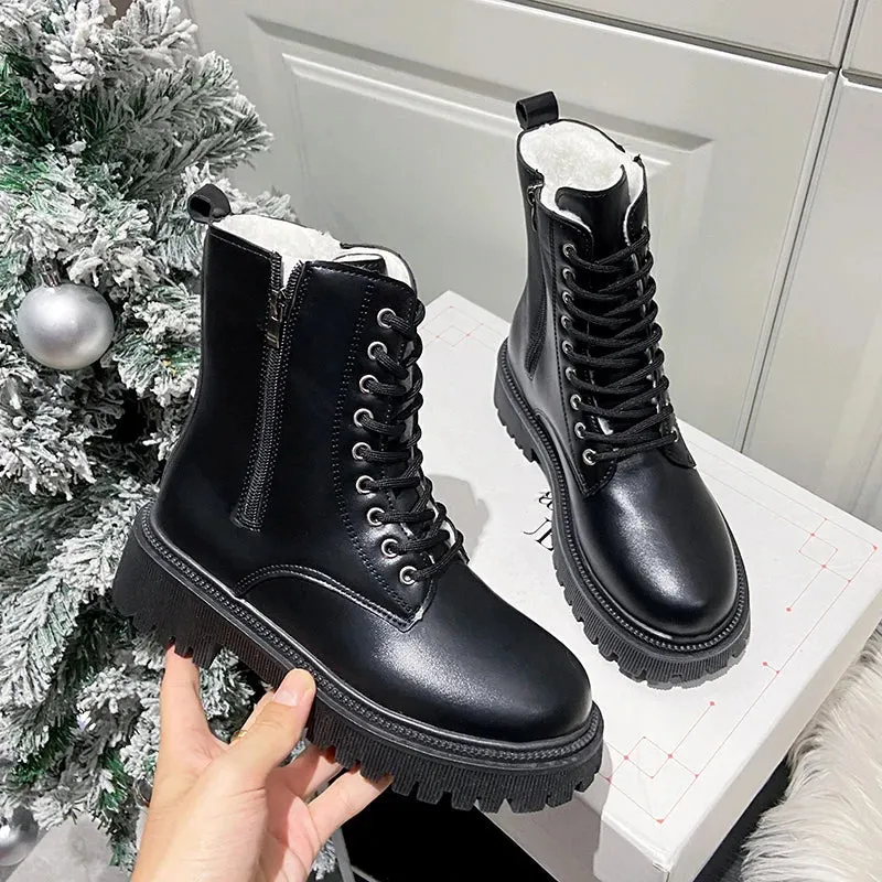 Xajzpa  Women's Short Plush Warm Ankle Boots Winter Waterproof PU Leather Snow Boots Women Non-Slip Lace Up Platform Combat Booties