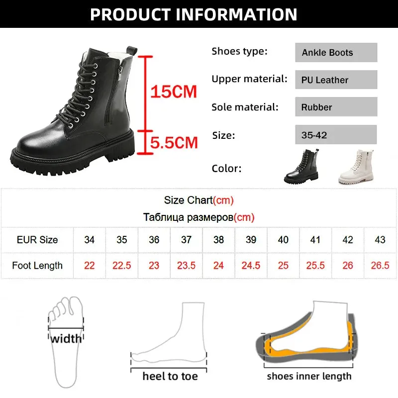 Xajzpa  Women's Short Plush Warm Ankle Boots Winter Waterproof PU Leather Snow Boots Women Non-Slip Lace Up Platform Combat Booties