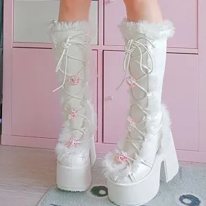 Y2K Aesthetic Kawaii Winter Fur Platform Boots