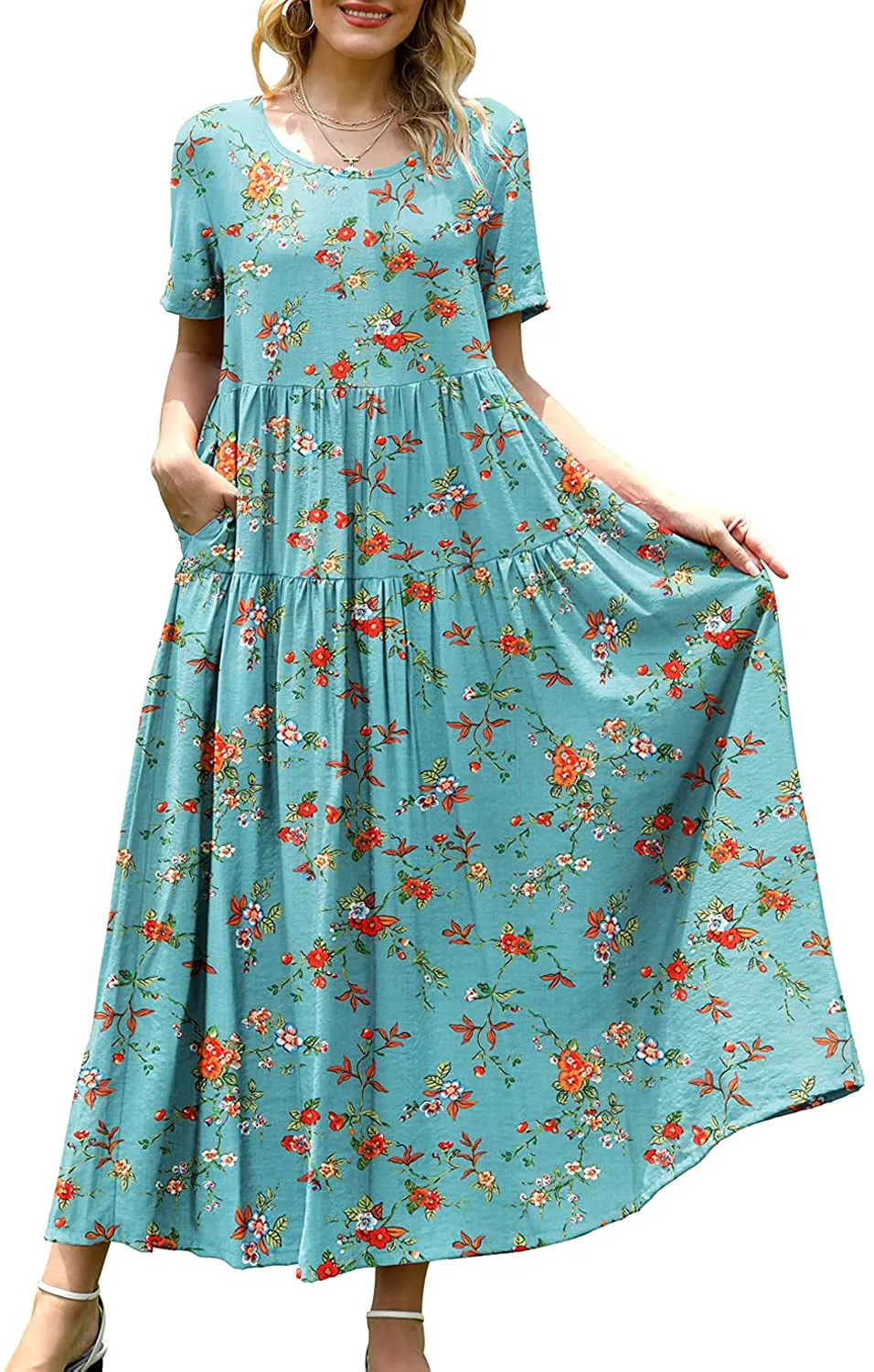 YESNO Women Casual Loose Bohemian Floral Dress with Pockets Short Sleeve Long Maxi Summer Beach Swing Dress EJF