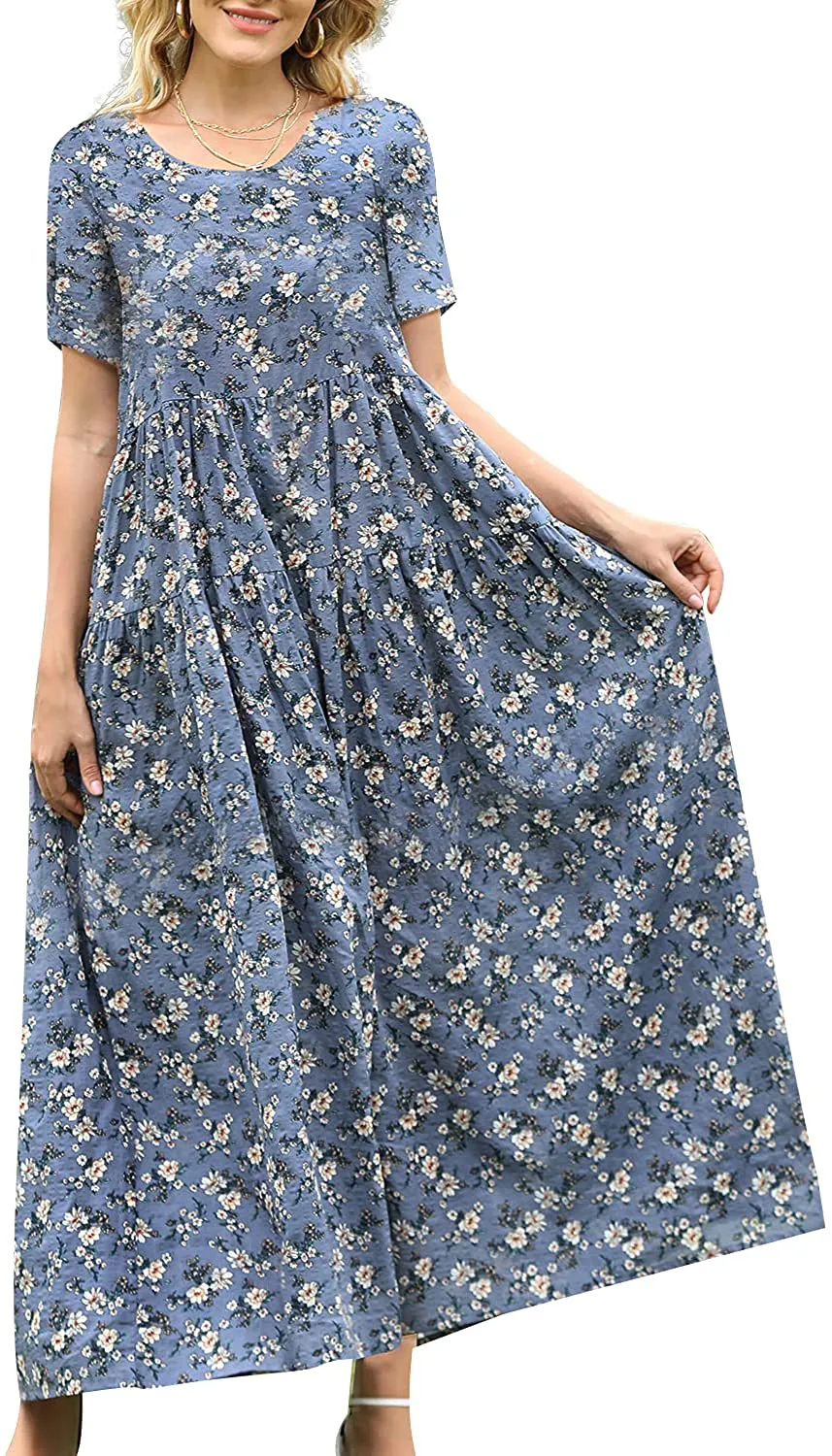 YESNO Women Casual Loose Bohemian Floral Dress with Pockets Short Sleeve Long Maxi Summer Beach Swing Dress EJF