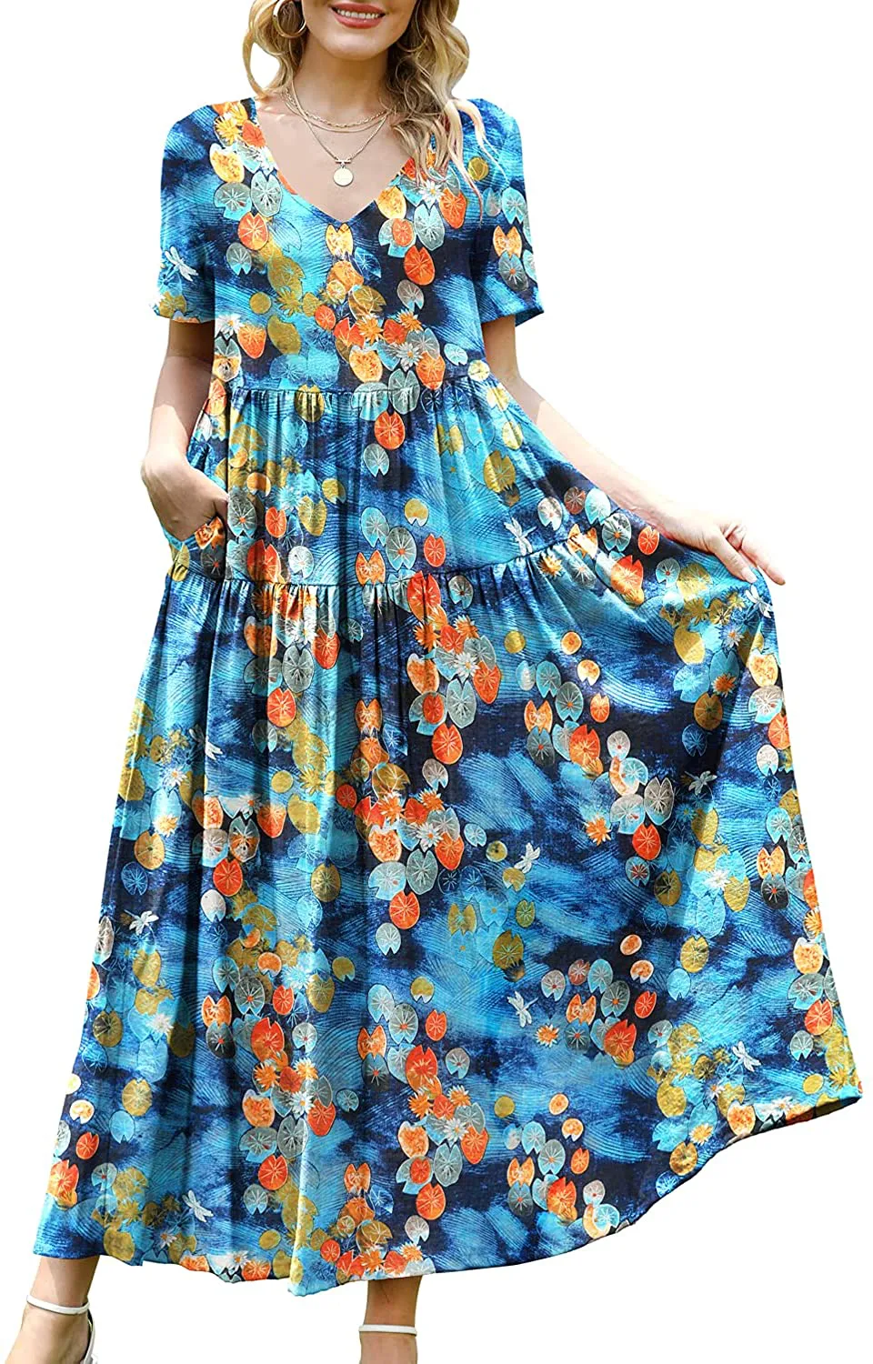 YESNO Women Casual Loose Bohemian Floral Dress with Pockets Short Sleeve Long Maxi Summer Beach Swing Dress EJF